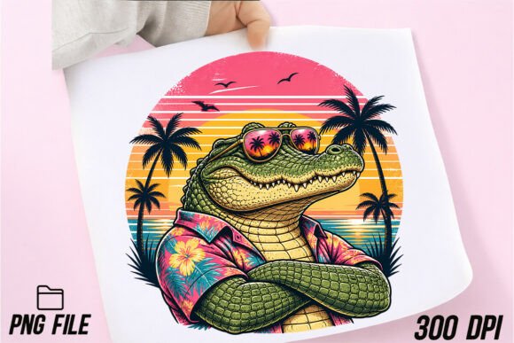 Download Cool Crocodile Retro Sunset Vibes PNG - Premium Resources